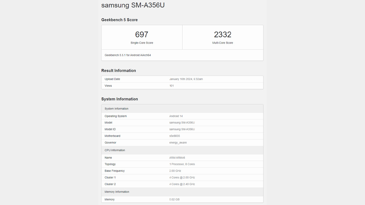 Samsung Galaxy A35 özellikleri Geekbench