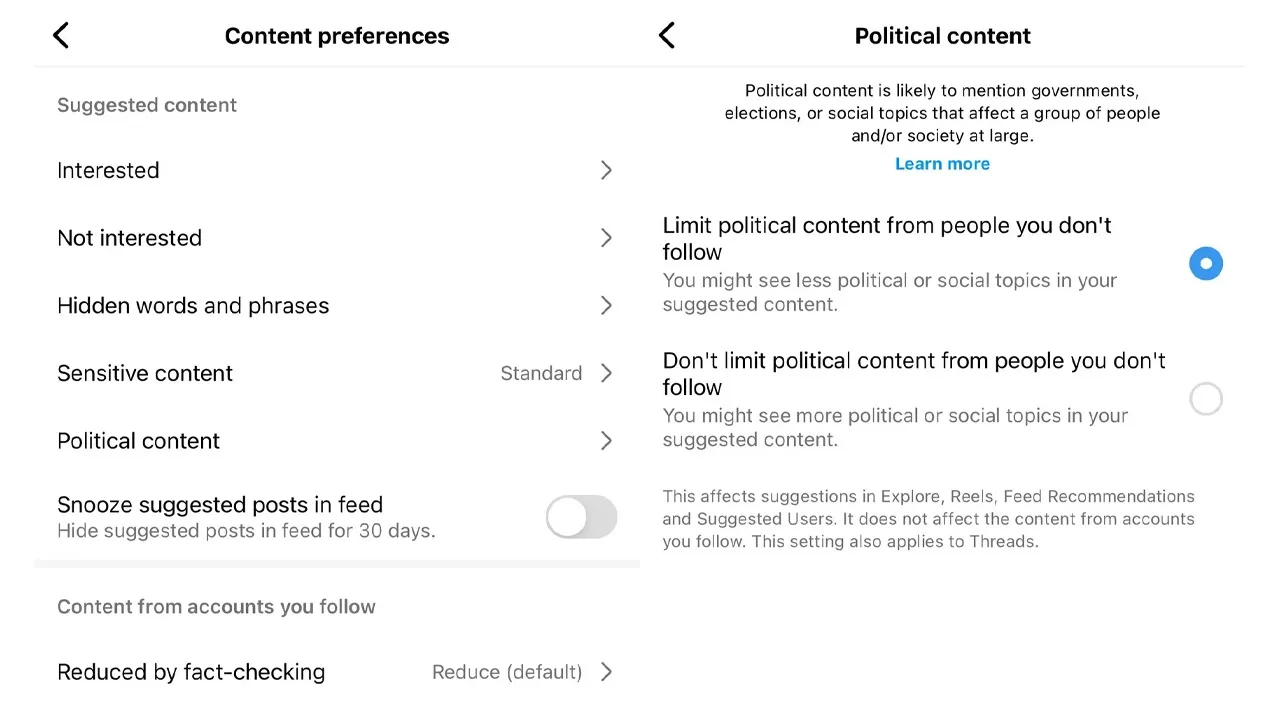 Instagram siyasi içerikleri sınırlandırma