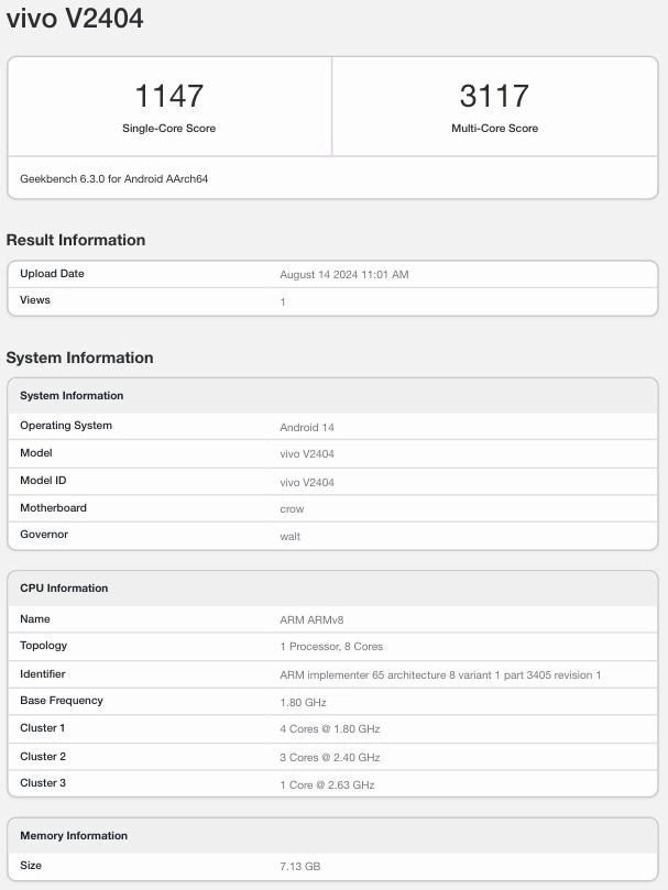 Vivo T3 Pro 5G teknik özellikleri Geekbench