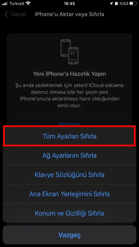 iPhone ayarları sıfırlama