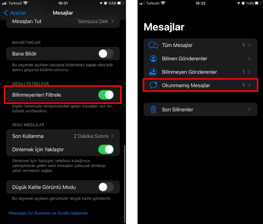 iPhone mesaj filtreleme ve okunmayan mesajları görüntüleme