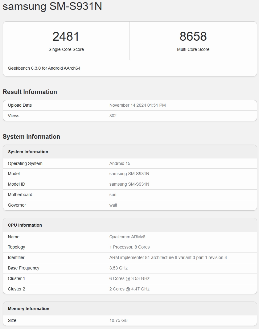 Samsung Galaxy S25 Geekbench