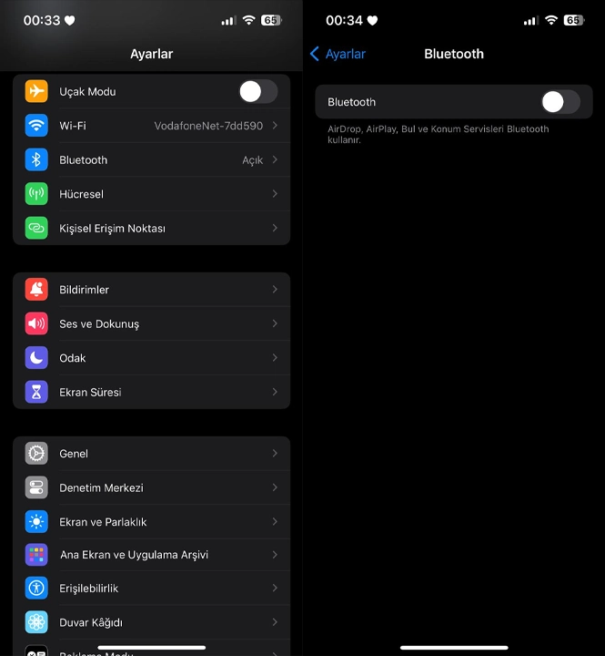 iPhone Bluetooth kapatma