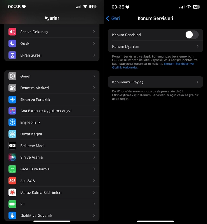 iPhone konum kapatma