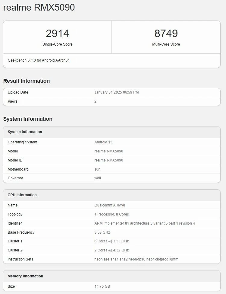 Realme GT 7 Geekbench