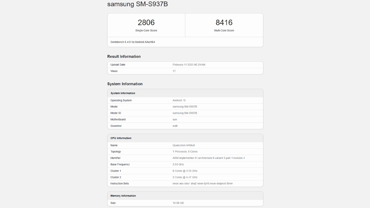 Samsung Galaxy S25 Edge özellikleri Geekbench