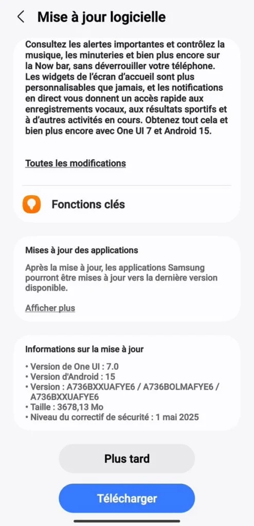 Samsung Galaxy A73 - Android 15 tabanlı One UI 7 güncellemesi