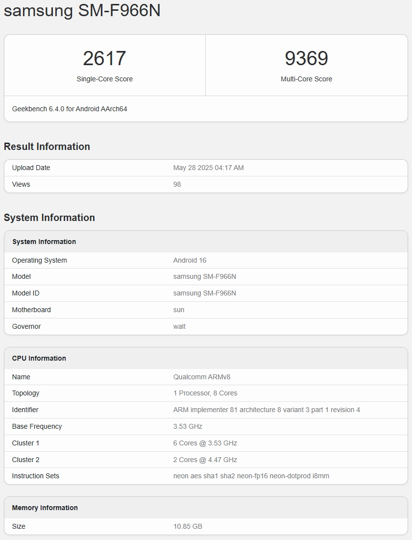 Samsung Galaxy Z Fold 7 Geekbench