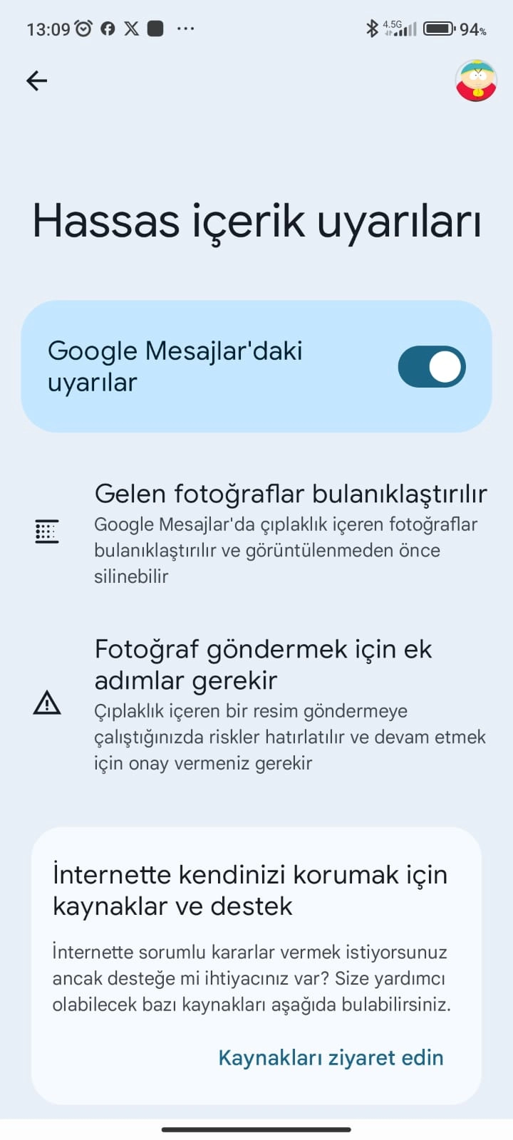 Google Mesajlar hassas içerik uyarısı özelliği