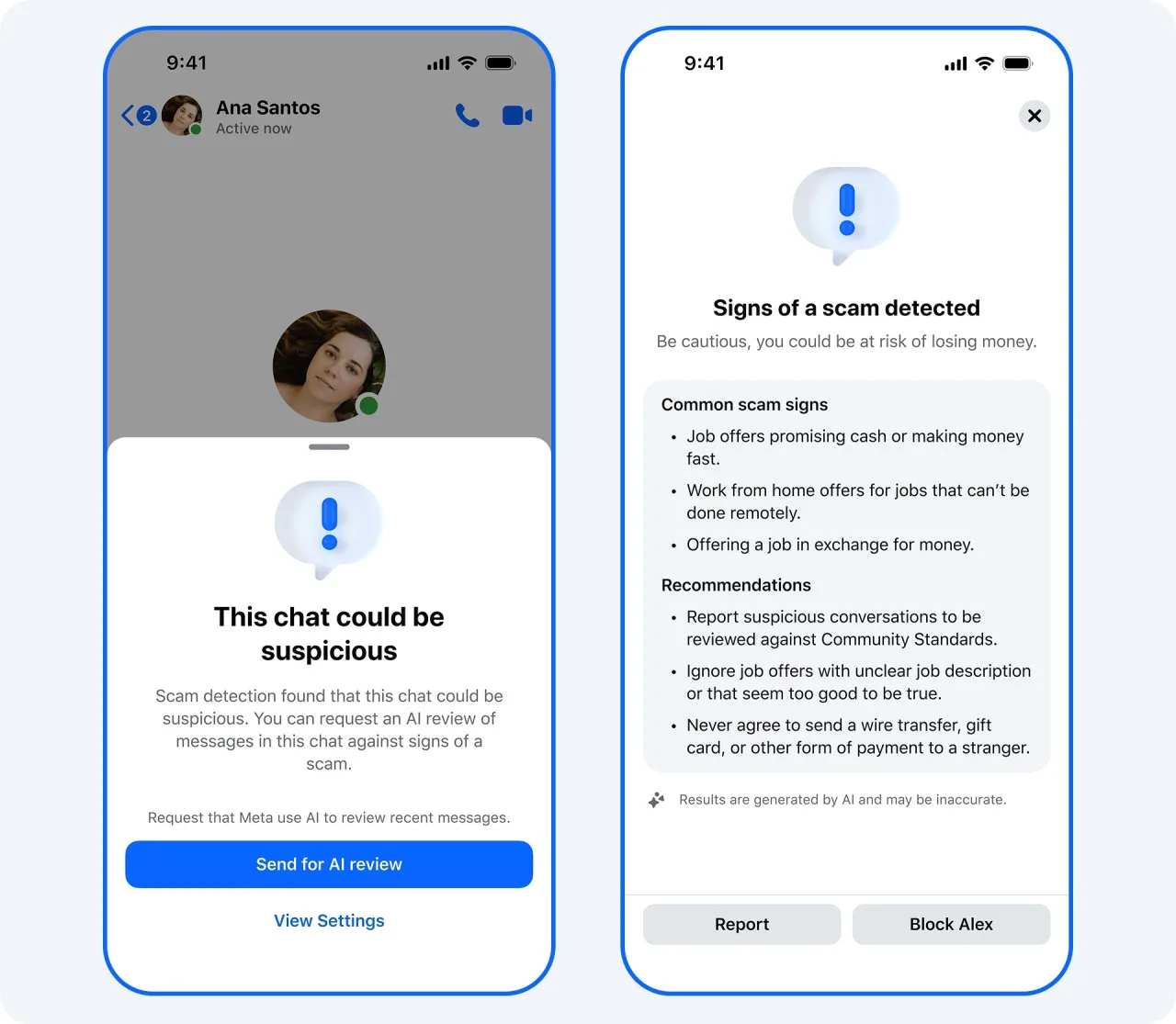 messenger dolandırıcılık tespiti uyarı ekranı