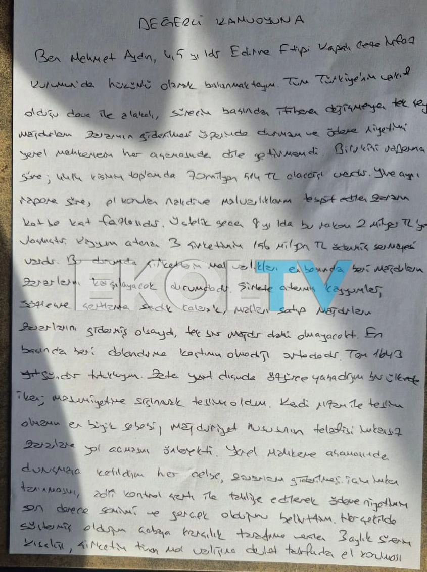 Mehmet "Tosuncuk" Aydın mektup