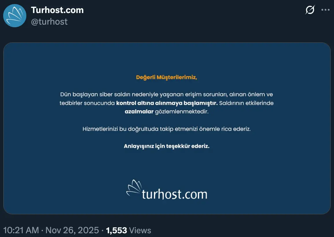 Turhost Erişim Problemi Twitter 26 Kasım 2025