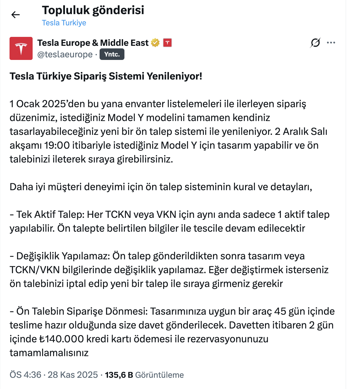 Tesla Türkiye ön talep sistemi
