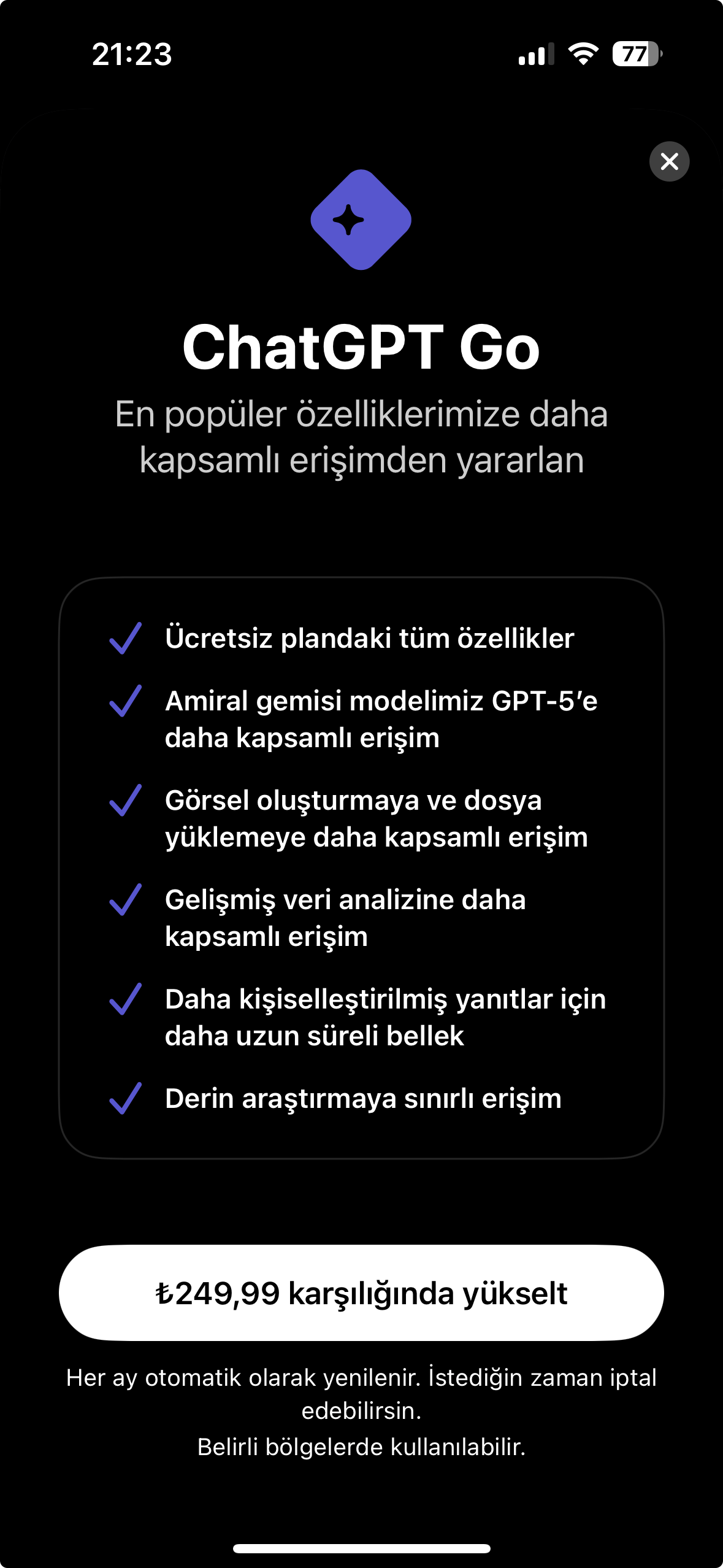 ChatGPT Go Türkiye fiyatı iPhone