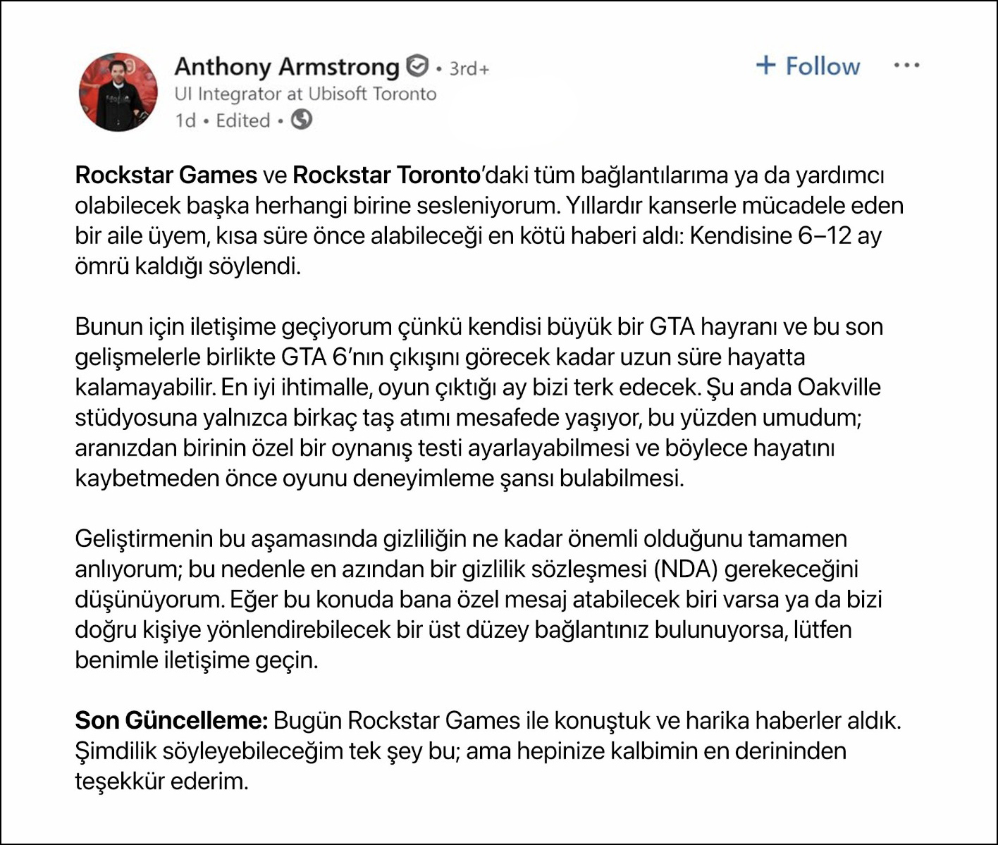 Anthony Armstrong LinkedIn paylaşımı