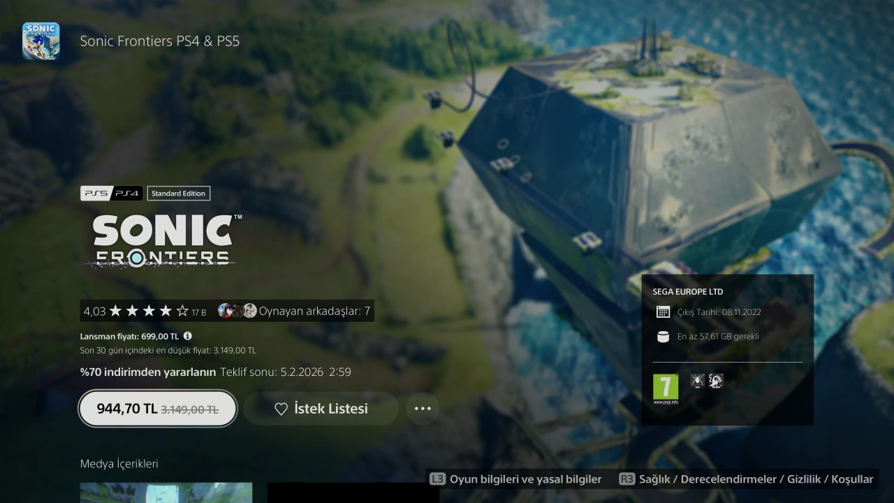 PS Store Sonic Frontiers oyunu lansman fiyatı özelliği