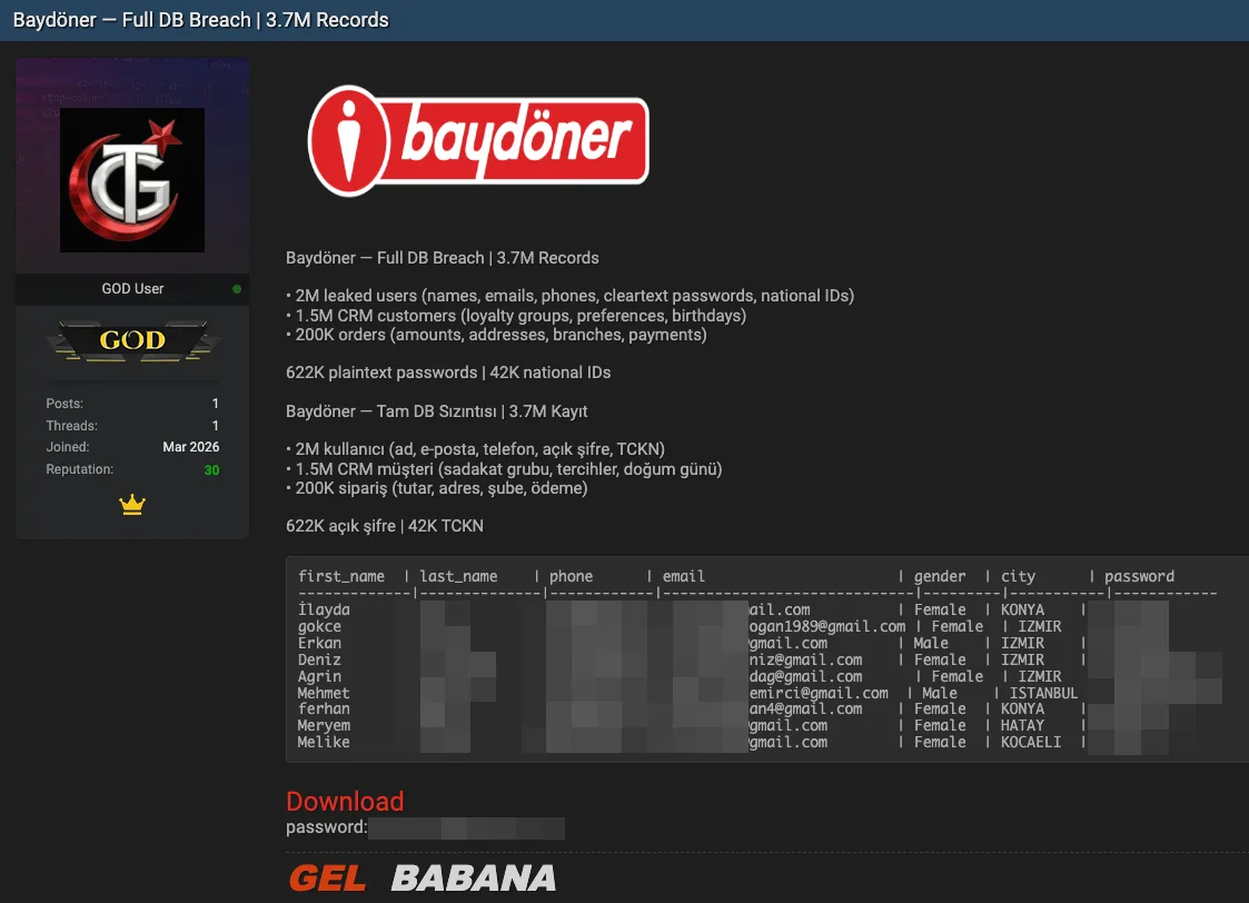 Baydöner veri sızıntısı