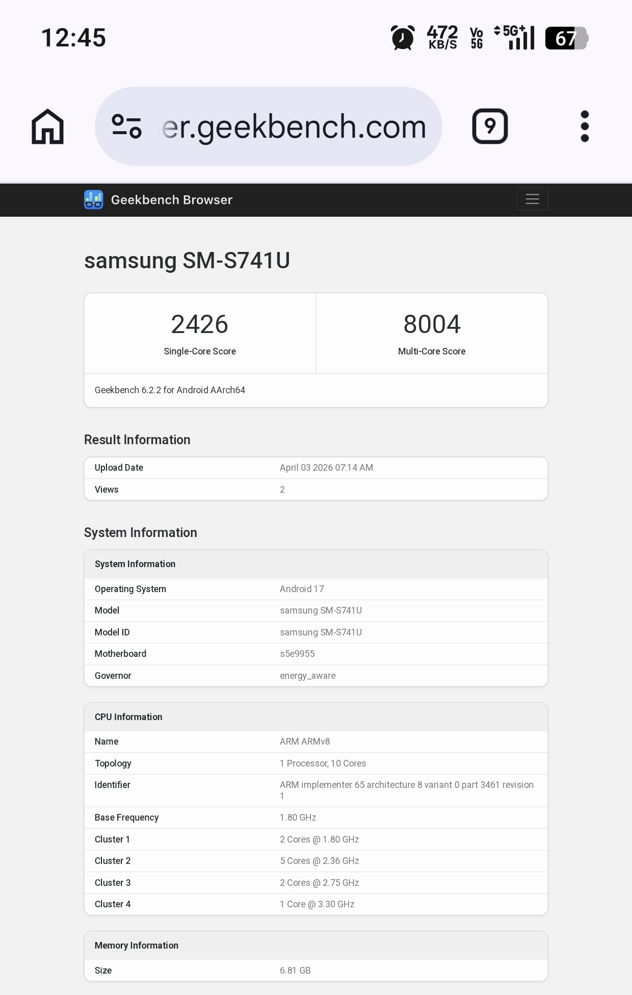 Samsung Galaxy S26 FE Geekbench sonuçları