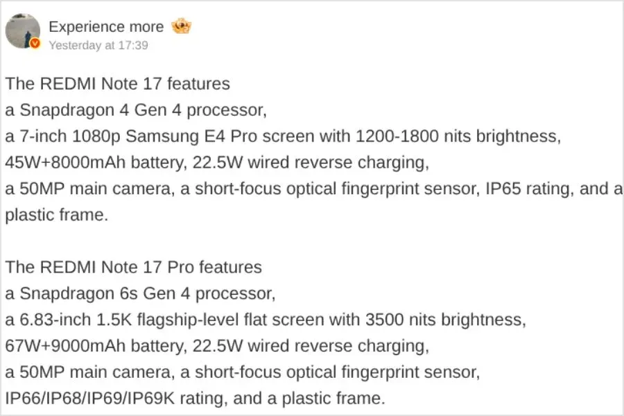 Redmi Note 17 ve Note 17 Pro Özellikleri