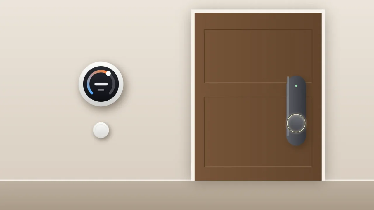 Apple’ın LG ile geliştirdiği akıllı kilit ve termostatın görüntüleri sızdı Duvarda yuvarlak akıllı termostat ve sıcaklık sensörü, ahşap kapıda akıllı kilit çizimi