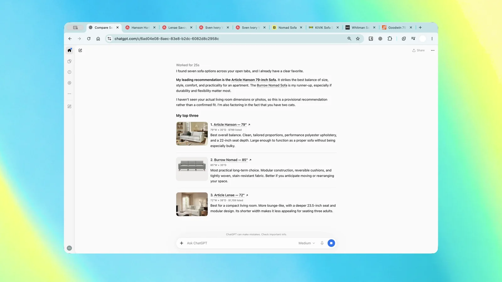 ChatGPT'nin Chrome'da açık sekmelerdeki kanepe seçeneklerini karşılaştırdığı ekran