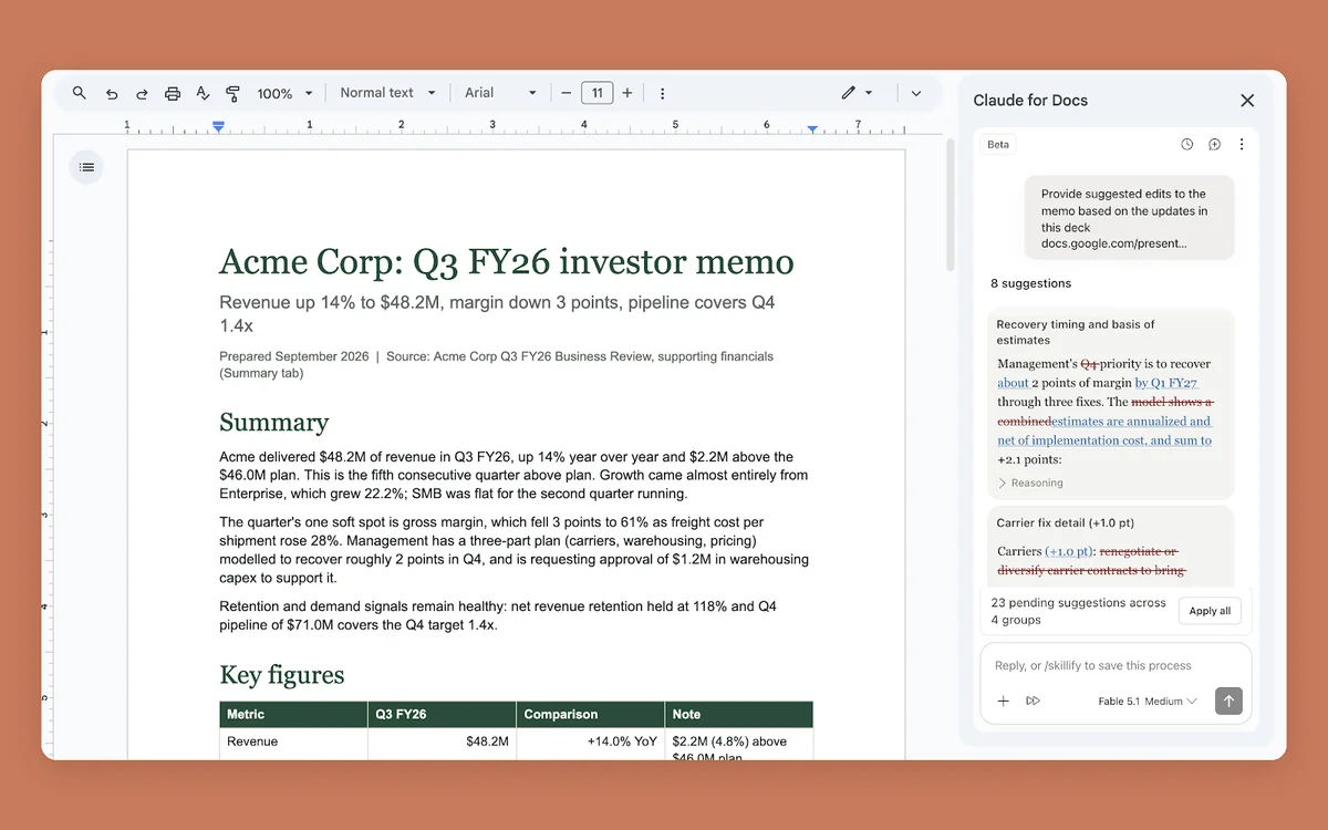 Google Docs içinde Claude for Docs kenar çubuğu