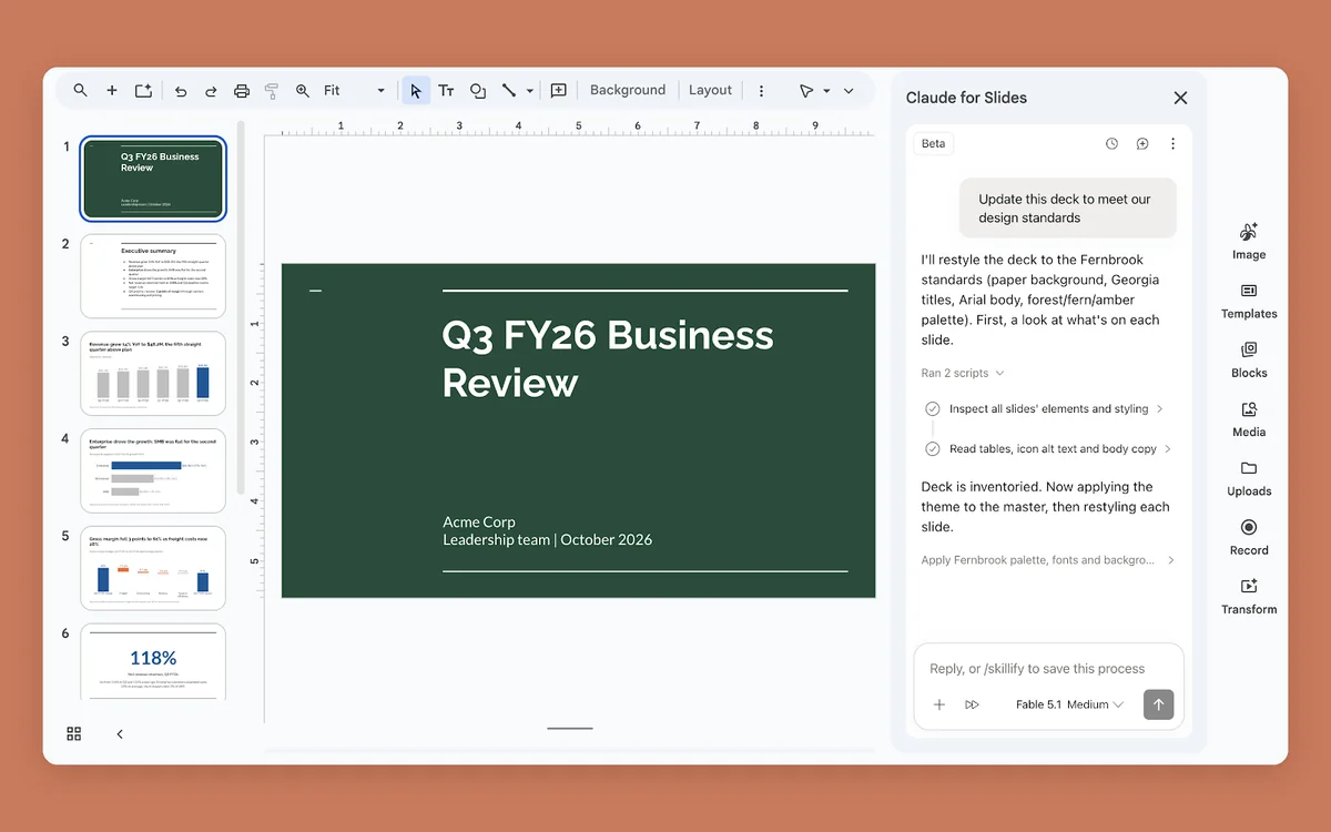 Google Slides içinde Claude for Slides kenar çubuğu