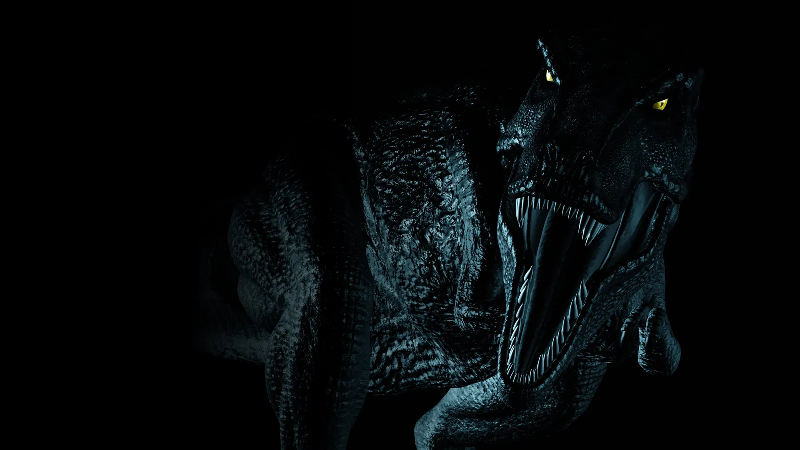 Karanlık arka planda ağzı açık bir dinozor