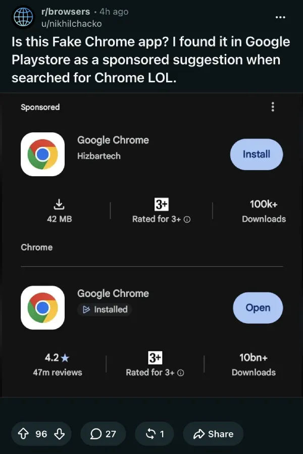 Google Play sahte Chrome uygulamasını gösteren Reddit paylaşımı