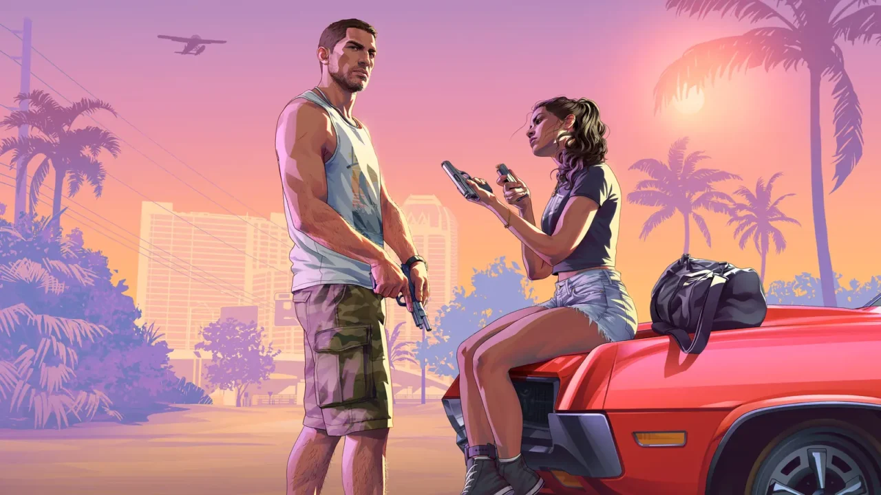 GTA 6’nın çıkış fragmanı yayınlandı, müzikler Justice’ten GTA 6'nın ana karakterleri Jason ve Lucia, palmiyeler arasında kırmızı bir arabanın yanında