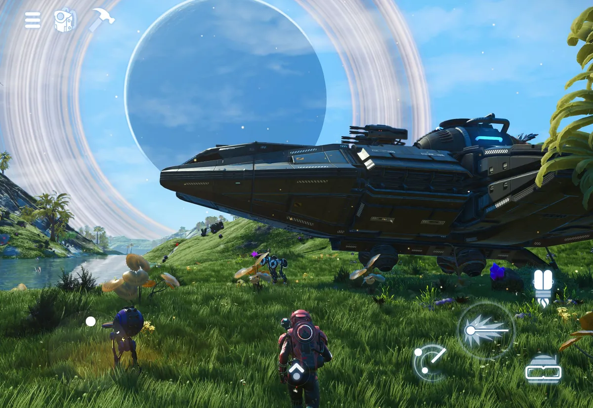 No Man's Sky iPad sürümünde dokunmatik kontroller ve yere inmiş bir uzay gemisi