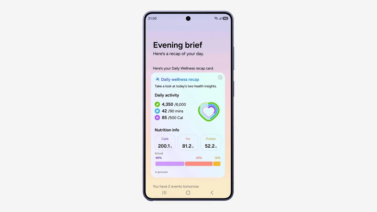 One UI 9'da Now Brief ekranında oluşturulan günlük sağlık özeti kartı