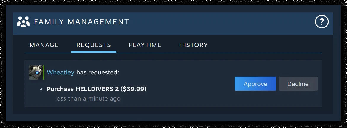 Steam Aile Yönetimi ekranında çocuk hesabın gönderdiği oyun satın alma talebi ve onay butonları