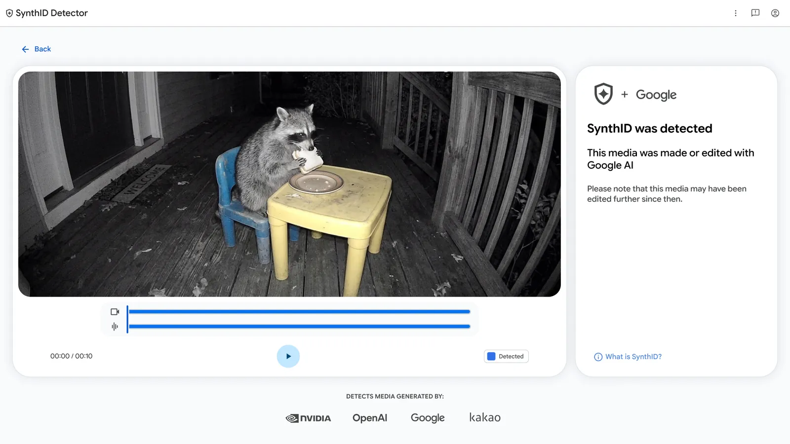 SynthID Detector'da yapay zekayla üretilmiş bir rakun videosunun inceleme sonucu