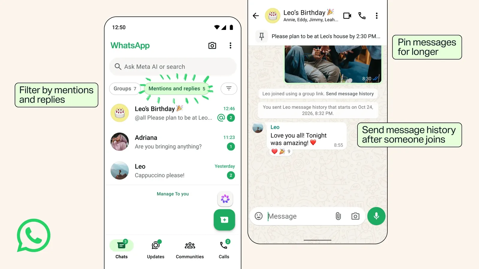WhatsApp'ın bahsetmeler ve yanıtlar filtresi ile mesaj geçmişi gönderme ekranları